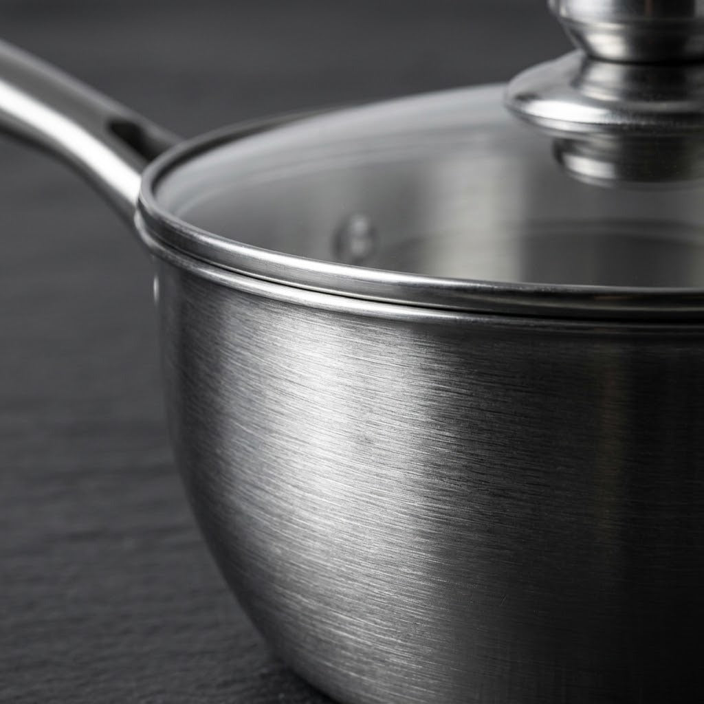 Close-up of a brushed stainless steel saucepan with a clear glass lid and metal handle, photographed on a dark textured surface.