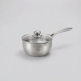 A stainless steel saucepan with a glass lid and long handle, shown on a light gray background.