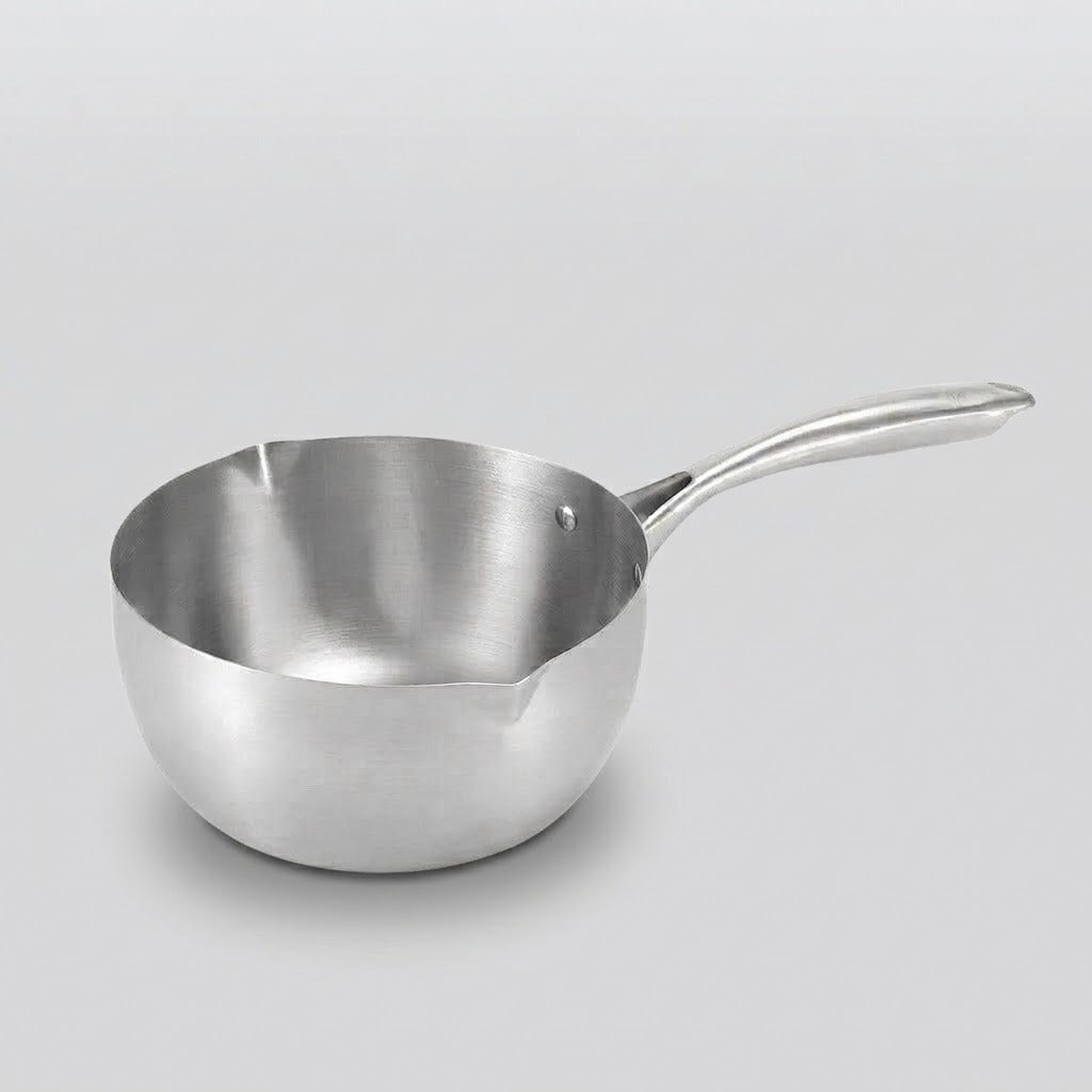 A stainless steel saucepan with a long handle, shown on a light gray background.