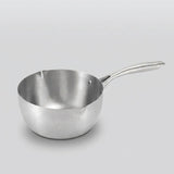 A stainless steel saucepan with a long handle, shown on a light gray background.