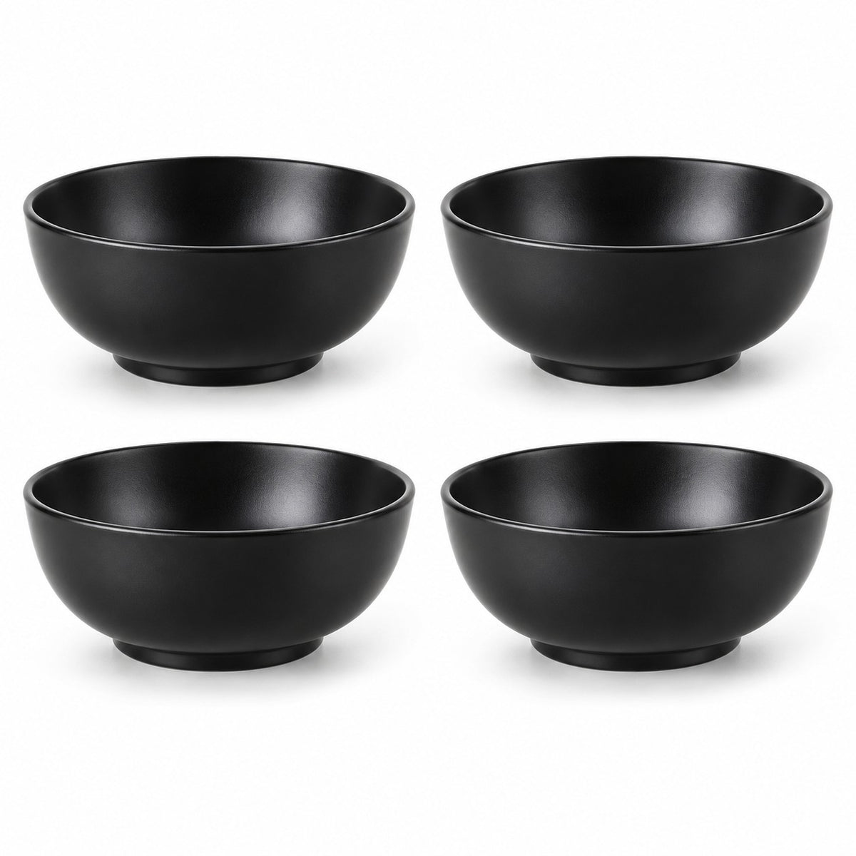 Exactly four black Japanese-style bowls sit in a two-by-two arrangement on white.