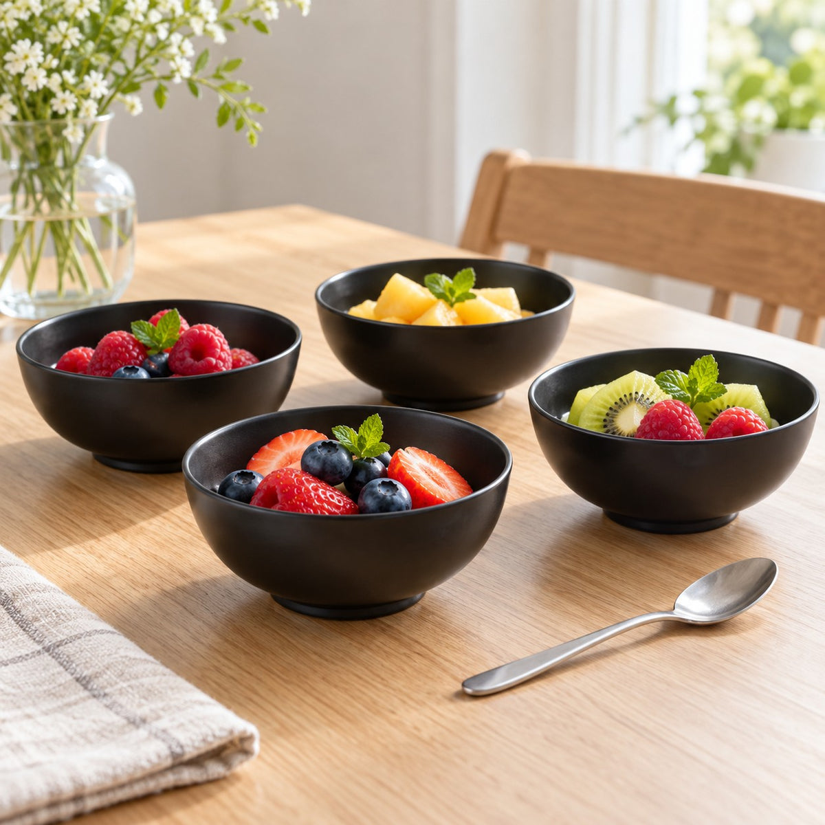 Four black Japanese-style bowls hold individual fruit and dessert portions on a bright dining table.