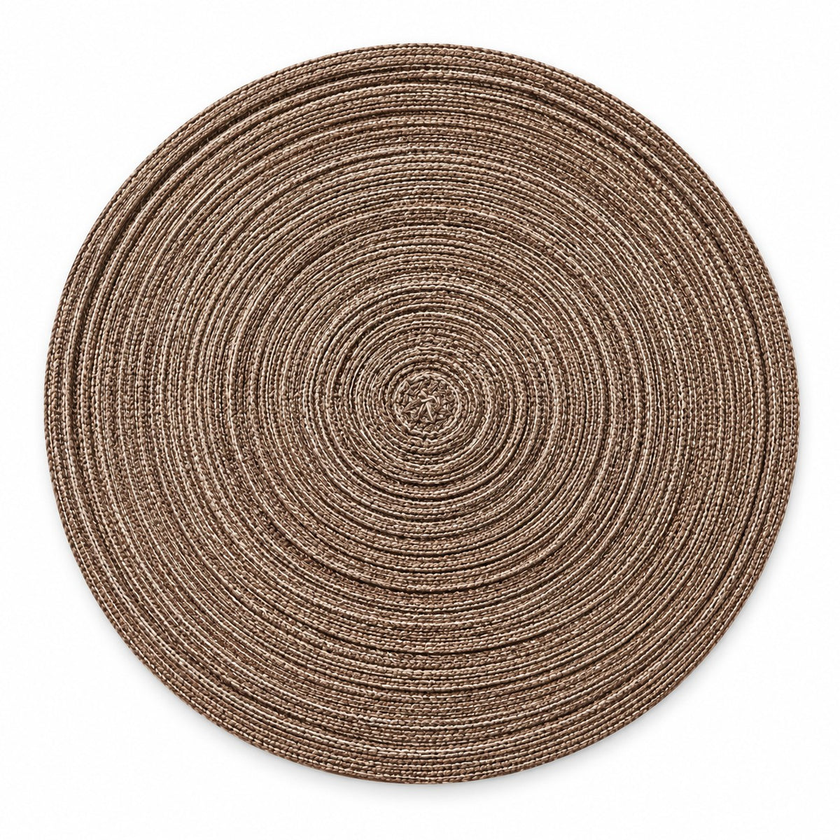 One complete brown braided polyester placemat shown alone against a clean white studio background.