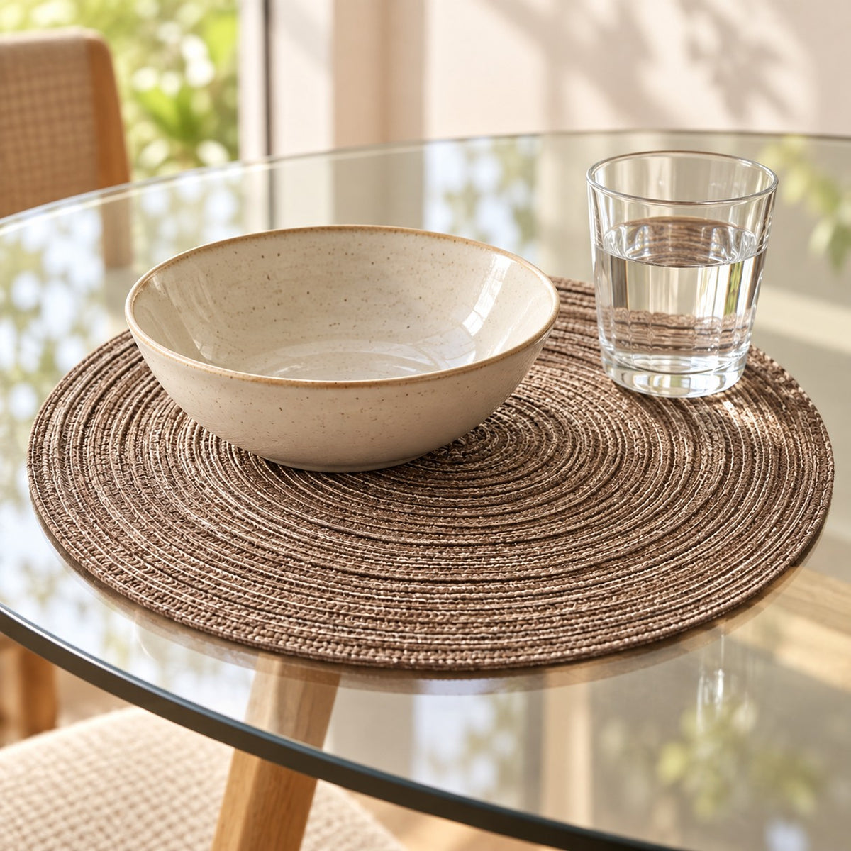 Brown woven polyester placemat cushions a serving bowl and glass on a bright glass-topped dining table.