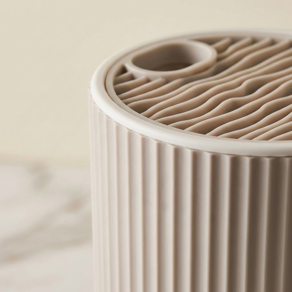 Close-up of a ribbed ceramic container or planter in a warm cream-beige tone, showing the top surface with a circular opening and wavy slotted design, set against a softly blurred neutral background.