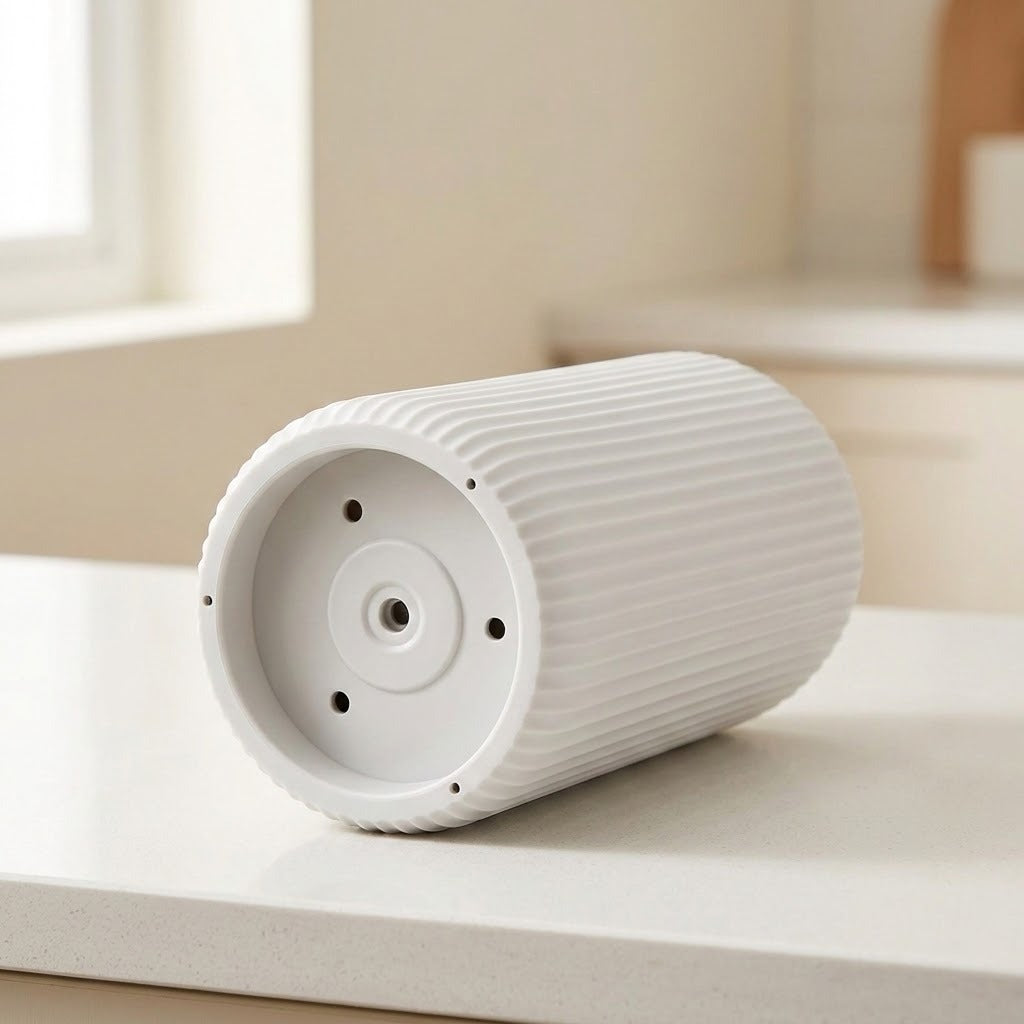 A white ribbed cylindrical planter pot base with drainage holes, resting on a light-colored countertop in a softly blurred indoor setting.