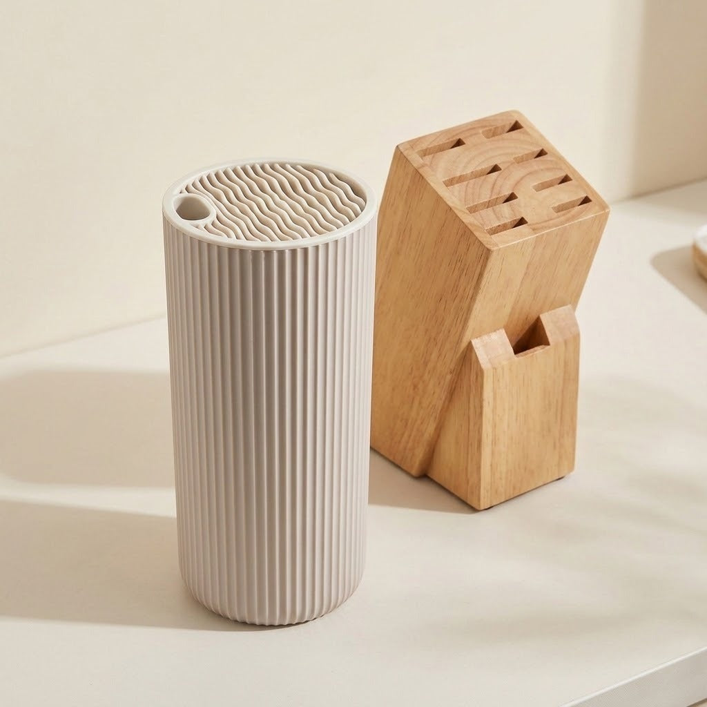 A ribbed cylindrical white container with a slotted top sits beside a wooden block organizer on a light beige surface against a warm cream background.