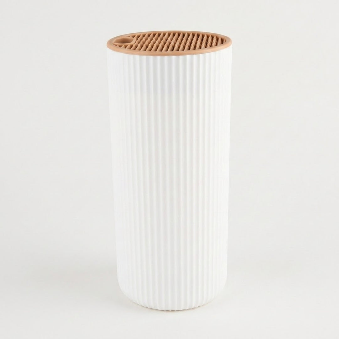 A white ribbed cylindrical container with a natural light brown wood-grain lid, shown against a plain white background.