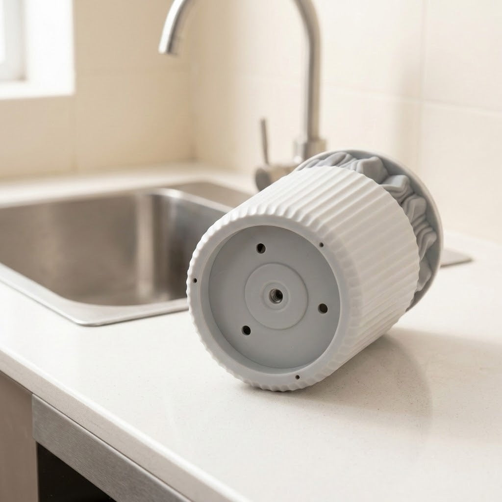 A ribbed white cylindrical container or planter base with a gray interior, shown lying on a white kitchen countertop near a sink and faucet.