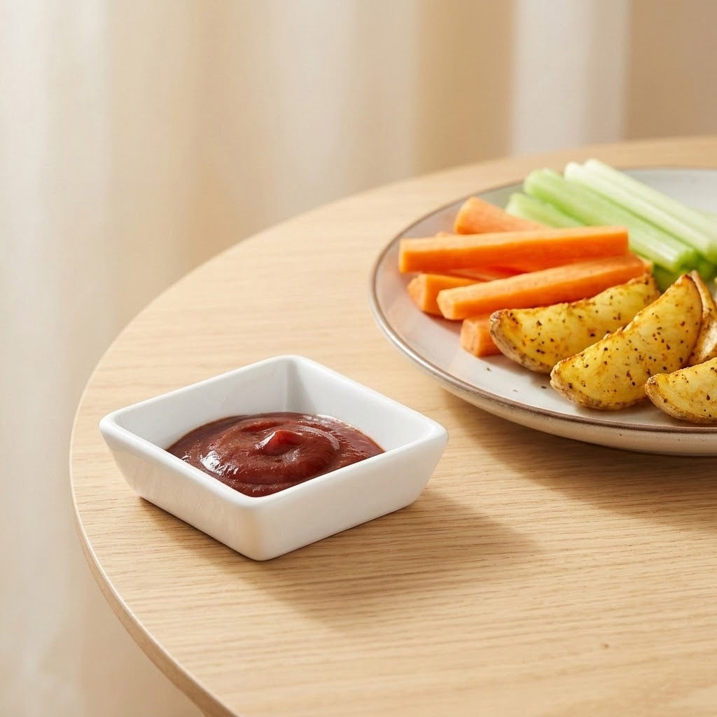 A small white square ceramic dipping sauce dish filled with ketchup, placed on a light wood table next to a plate of vegetables including carrots, celery, and potato wedges.
