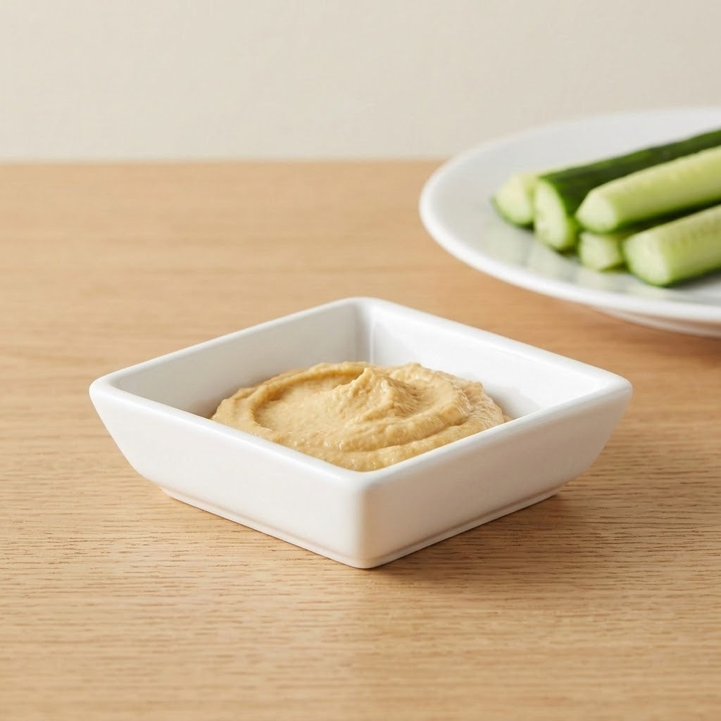 A small square white ceramic bowl filled with hummus, placed on a light wood table with cucumber sticks on a plate in the background.