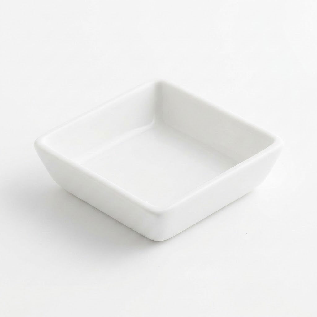A small square white ceramic dish with a shallow interior, photographed on a clean white background.