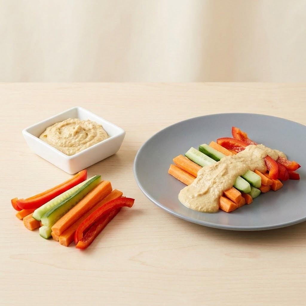 A plate of hummus dip with carrot sticks, cucumber sticks, and red bell pepper strips on a gray plate, alongside a small white bowl of hummus on a light wood table.