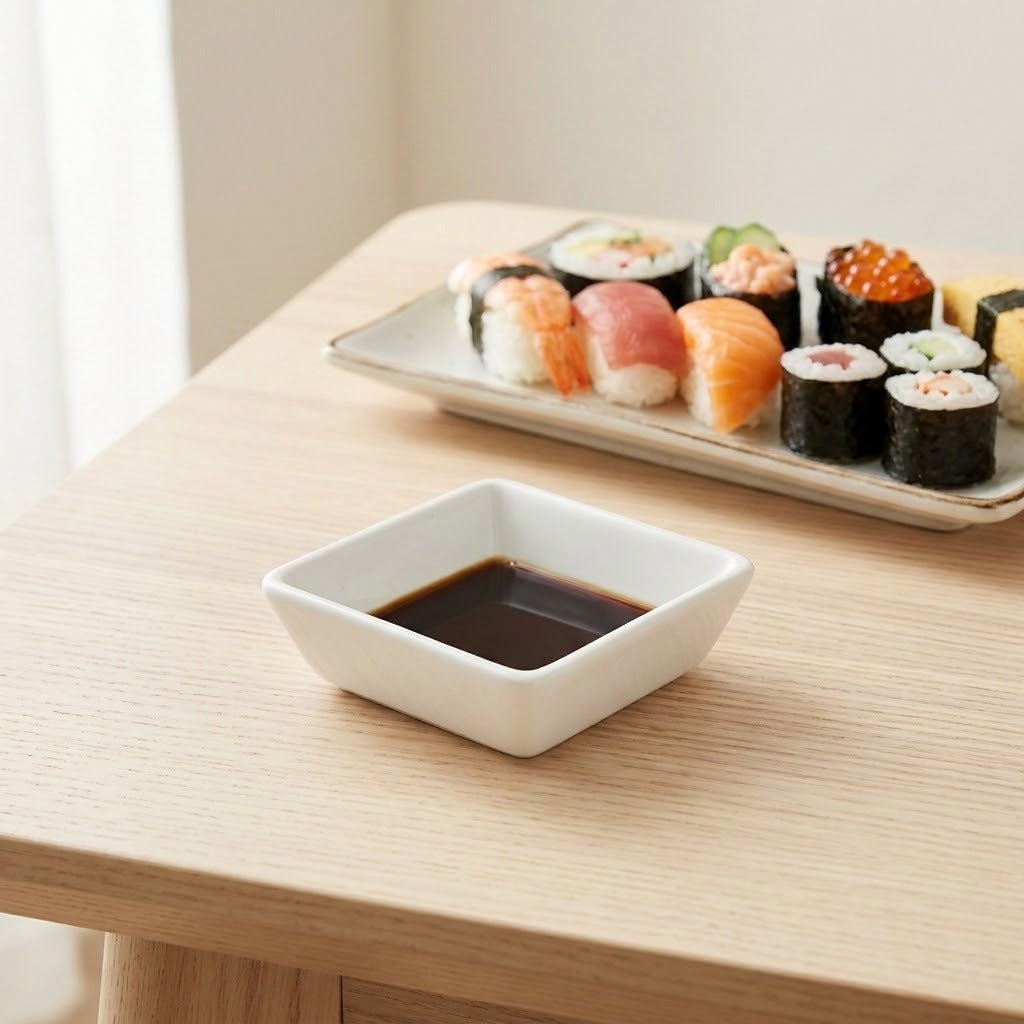 A small white square ceramic dipping sauce bowl filled with dark soy sauce, placed on a light wood table with a plate of assorted sushi in the background.