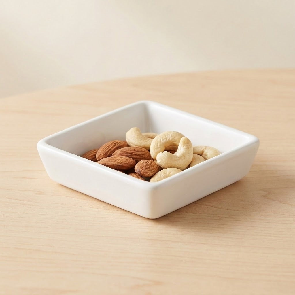 A small square white ceramic dish filled with cashews and almonds on a light wood tabletop.