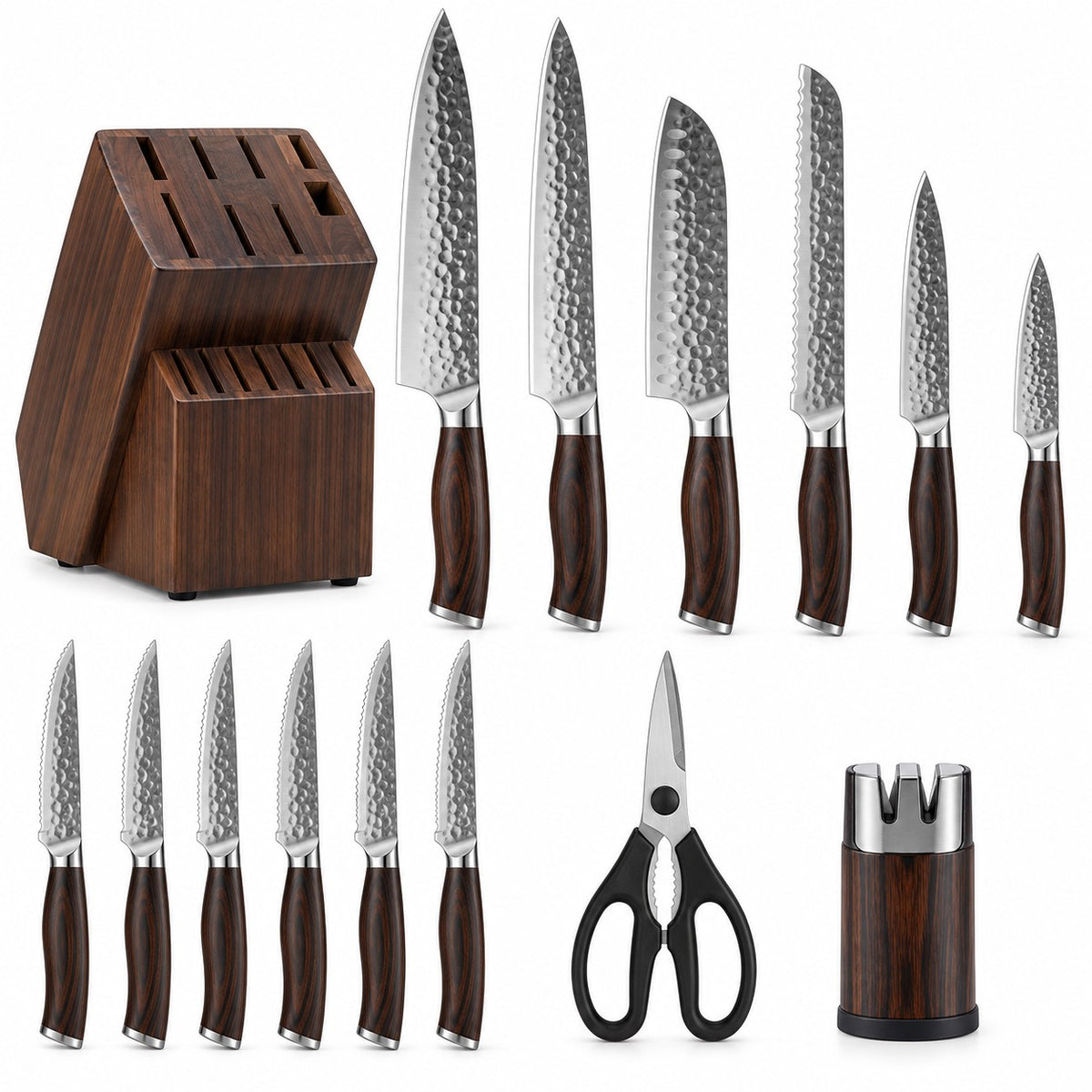 The 15-piece hammered kitchen knife set is arranged on white with its block, knives, scissors and sharpener.