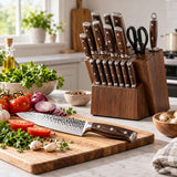 The 15-piece hammered kitchen knife set keeps cooking knives organized in its wood block beside a home prep board.