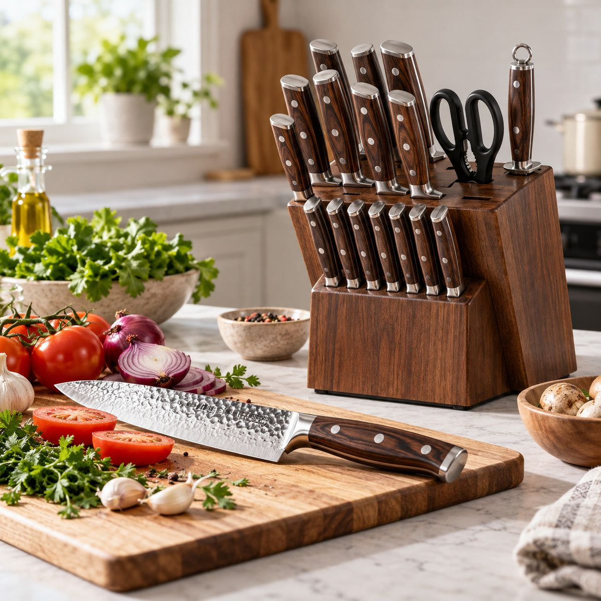 The 15-piece hammered kitchen knife set keeps cooking knives organized in its wood block beside a home prep board.