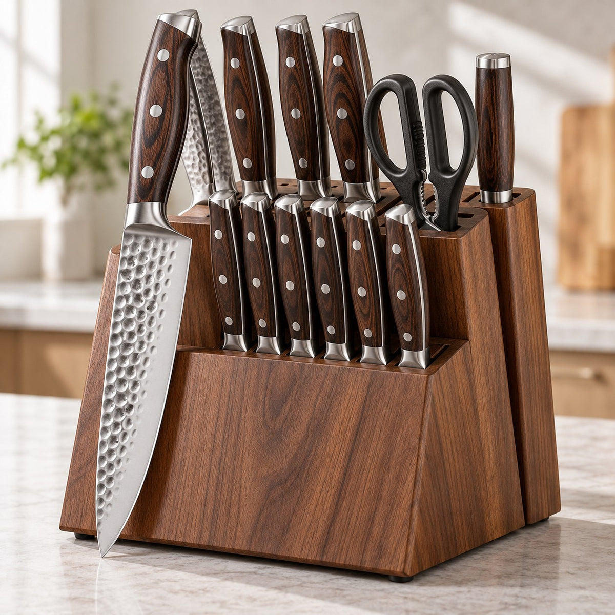 The 15-piece hammered kitchen knife set features textured stainless blades and warm Pakka wood handles in its block.