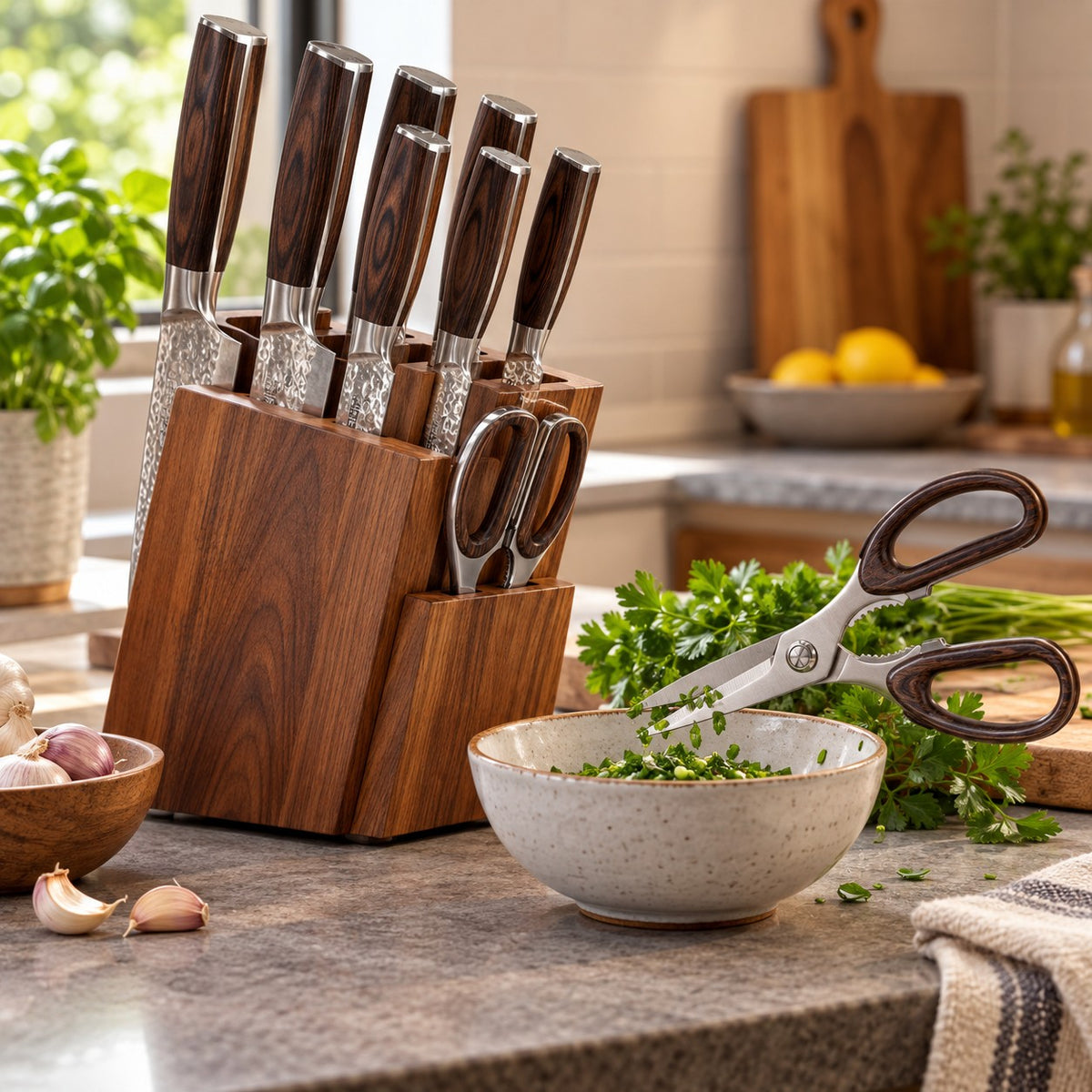 The 15-piece hammered kitchen knife set and included scissors sit beside herbs on a kitchen counter.