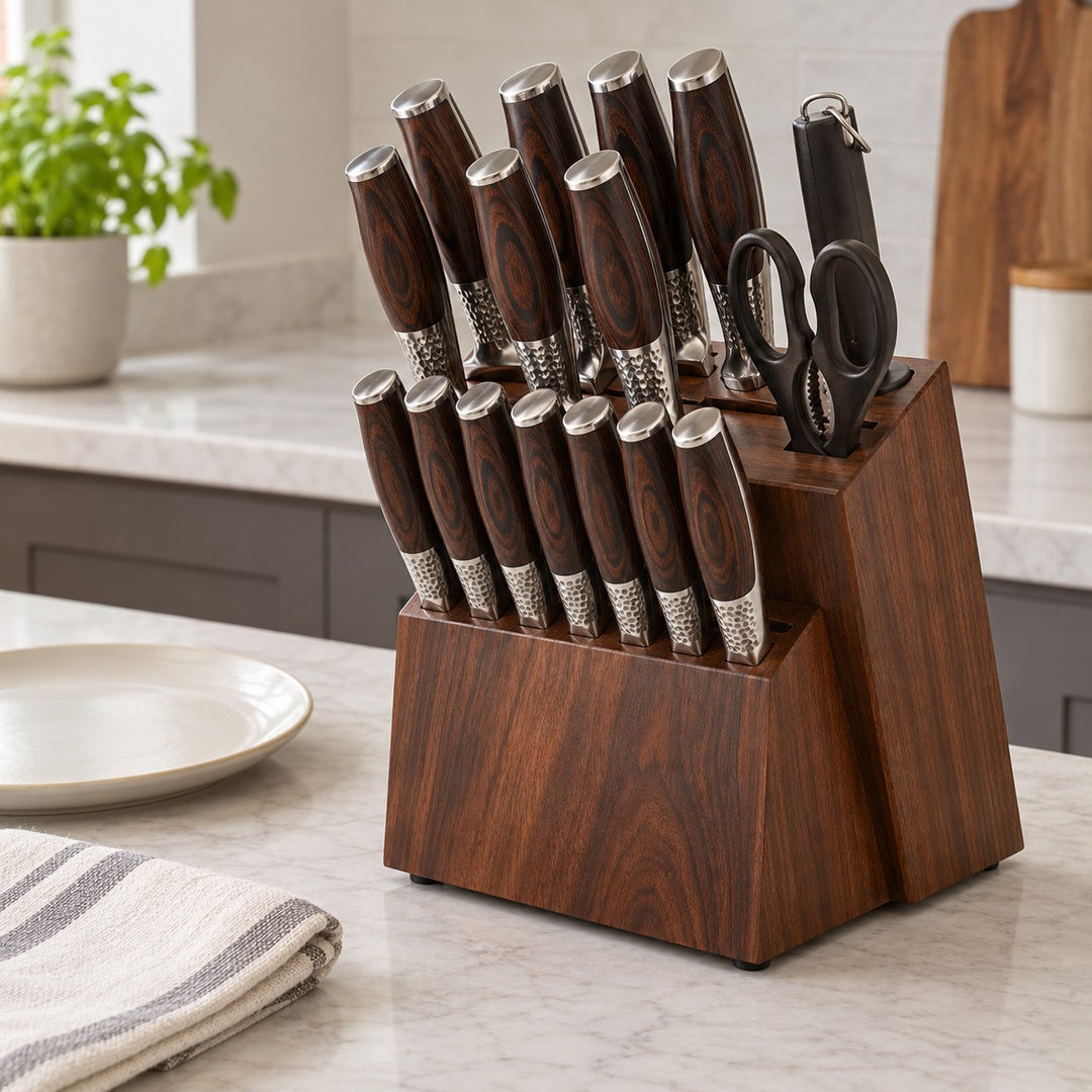 The 15-piece hammered kitchen knife set stands beside a dinner plate to show its household counter scale.