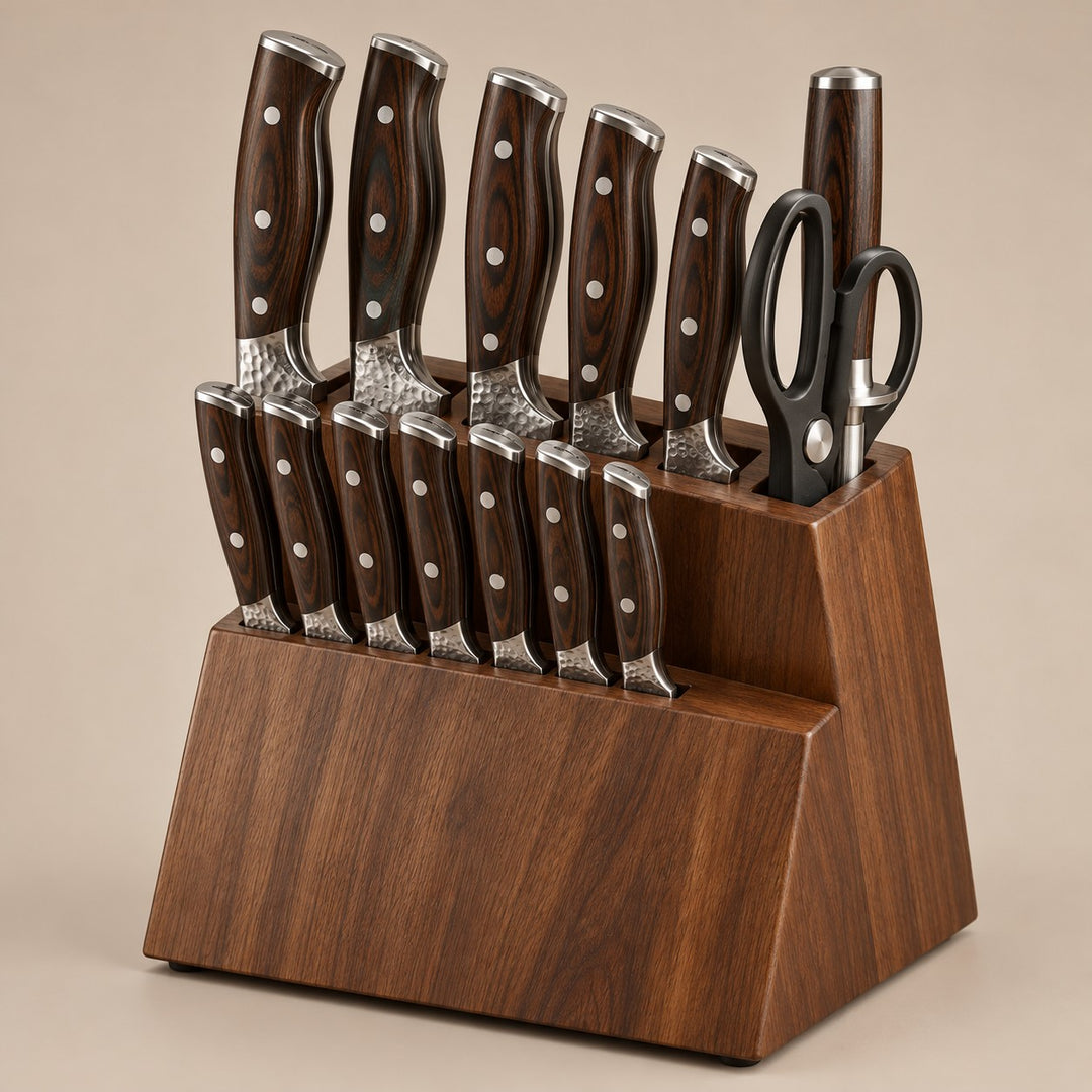 The 15-piece hammered kitchen knife set with its wooden block, knives, scissors and sharpener on a light backdrop.