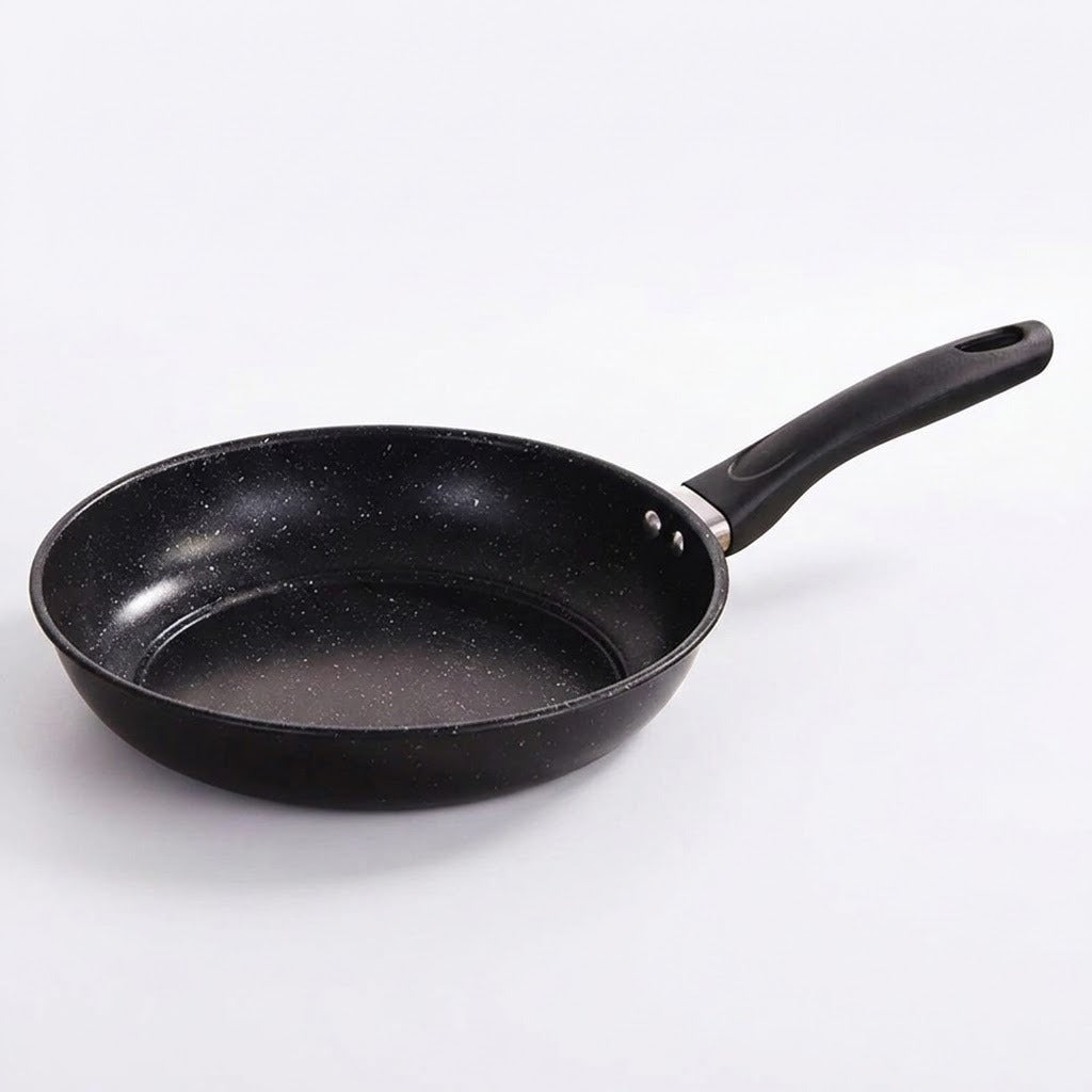 A black non-stick frying pan with a speckled interior and a black handle, shown on a clean white background.