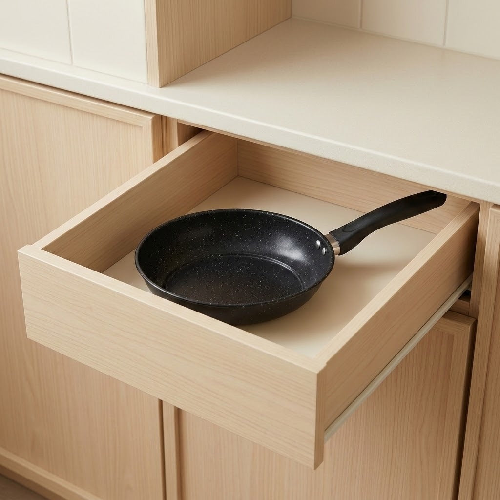 A black non-stick frying pan with a long handle resting inside an open light wood drawer in a kitchen cabinet.