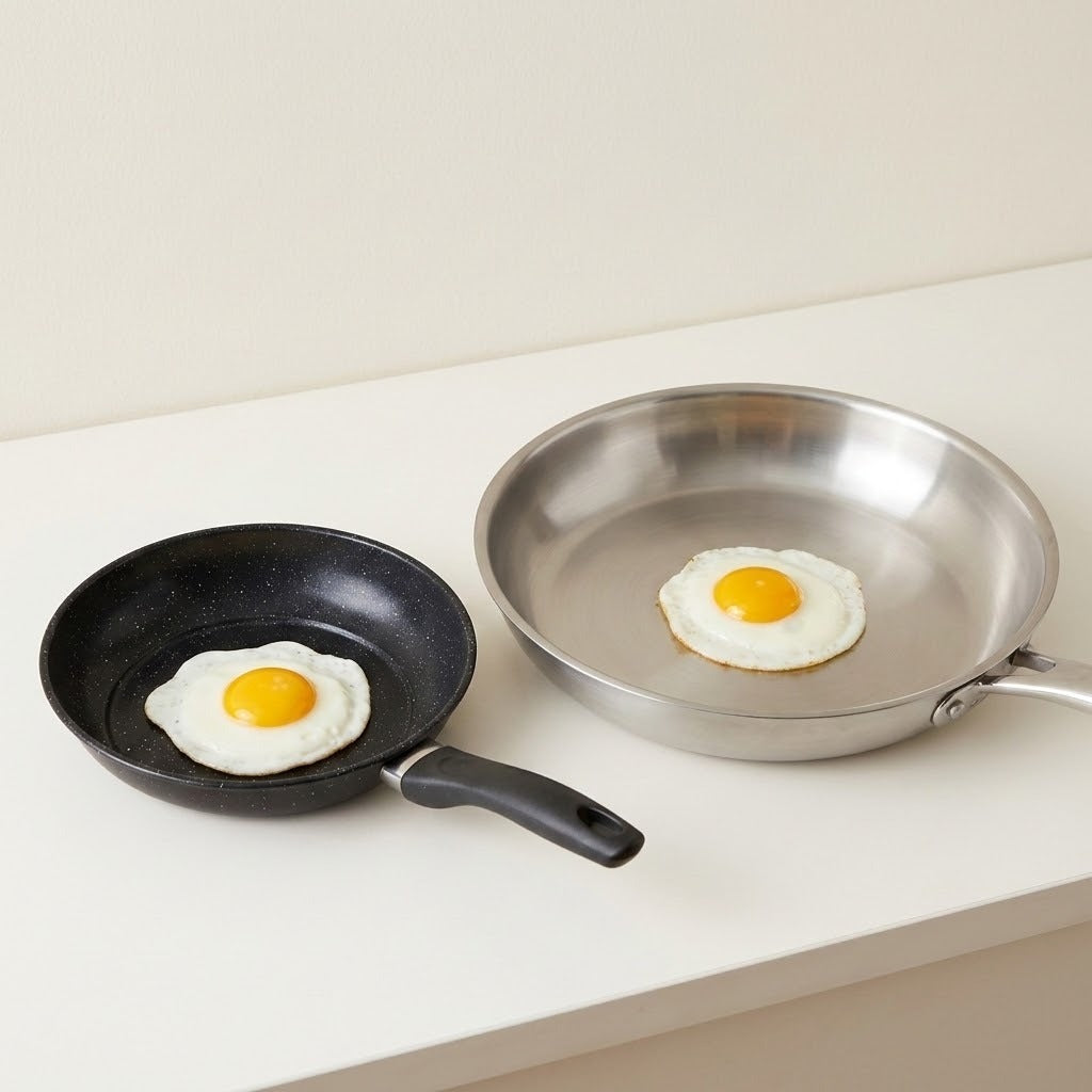 Two frying pans on a white countertop: a small black nonstick pan with a fried egg and a larger stainless steel pan with a fried egg, against a light beige wall.