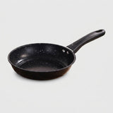 A black non-stick frying pan with a speckled interior and a matching black handle, shown on a light gray background.