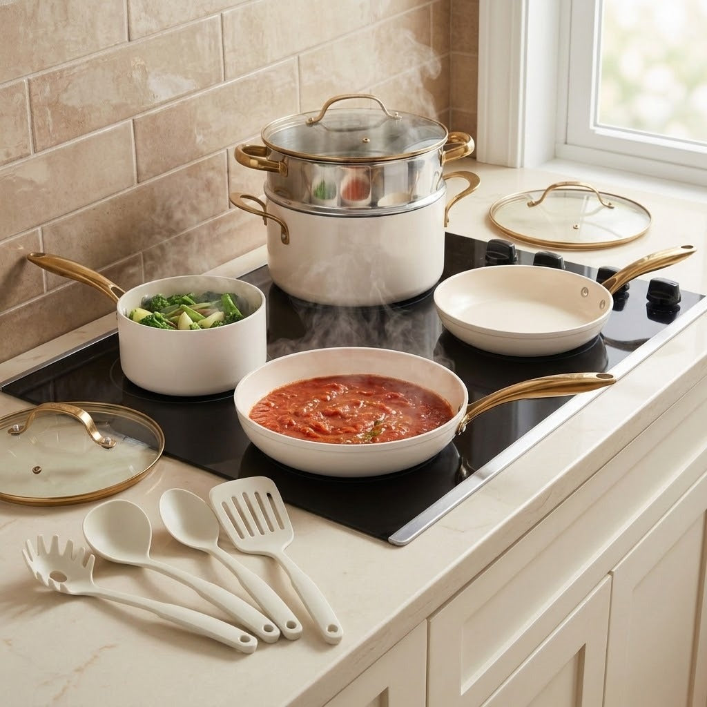 A set of white ceramic cookware with gold-tone handles and lids is arranged on a kitchen counter beside a black induction cooktop. The cookware includes a double pot, a frying pan with tomato sauce, a smaller pan, and utensils, with steam rising from the pots in a kitchen setting.