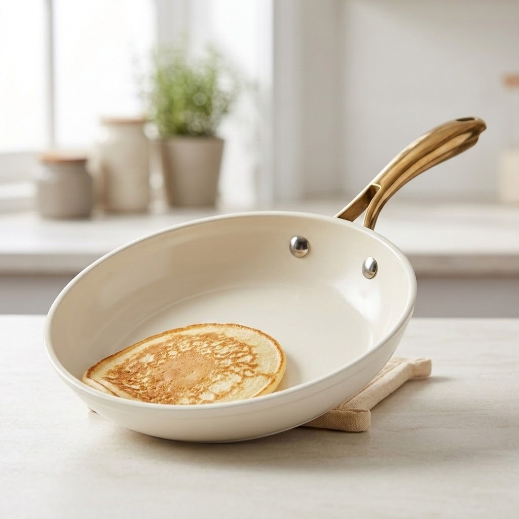 A cream-colored non-stick frying pan with a gold-toned handle, shown on a light countertop with a small wooden trivet. A golden-brown pancake is cooking inside the pan, and a softly blurred kitchen background with a window and potted plants is visible.