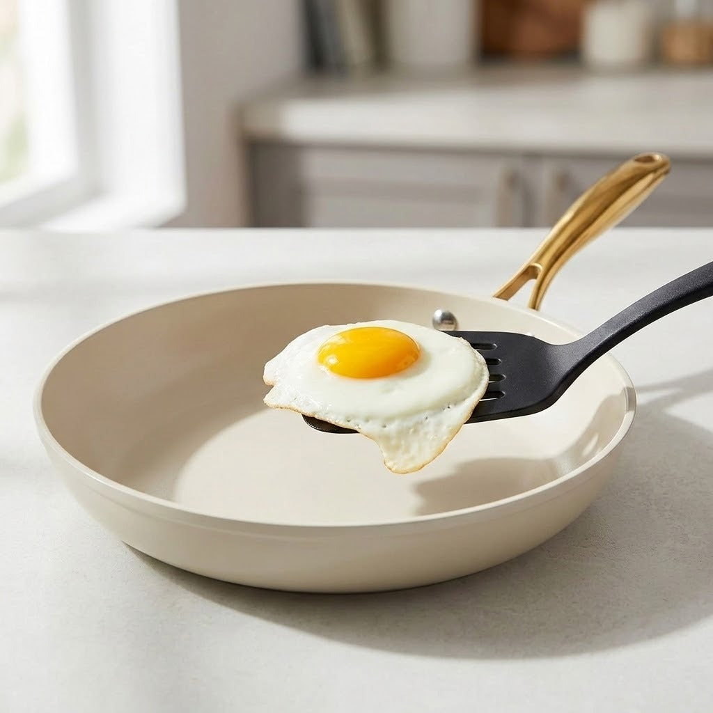 A beige non-stick frying pan with a gold handle sits on a light countertop in a bright kitchen setting. A black spatula holds a fried egg above the pan.