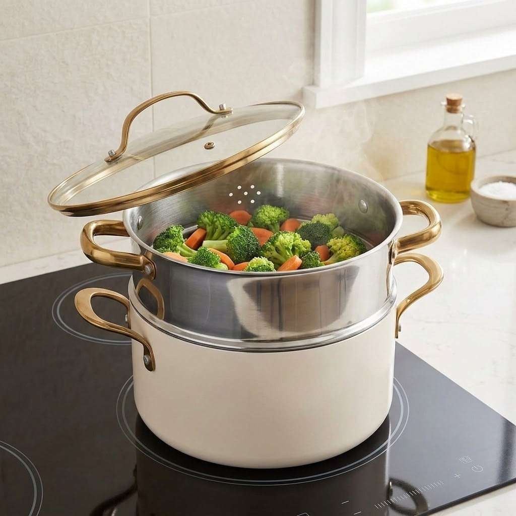 A cream-colored double pot with gold handles and a glass lid sits on a black induction cooktop in a kitchen setting, with vegetables steaming inside the top stainless steel pot.