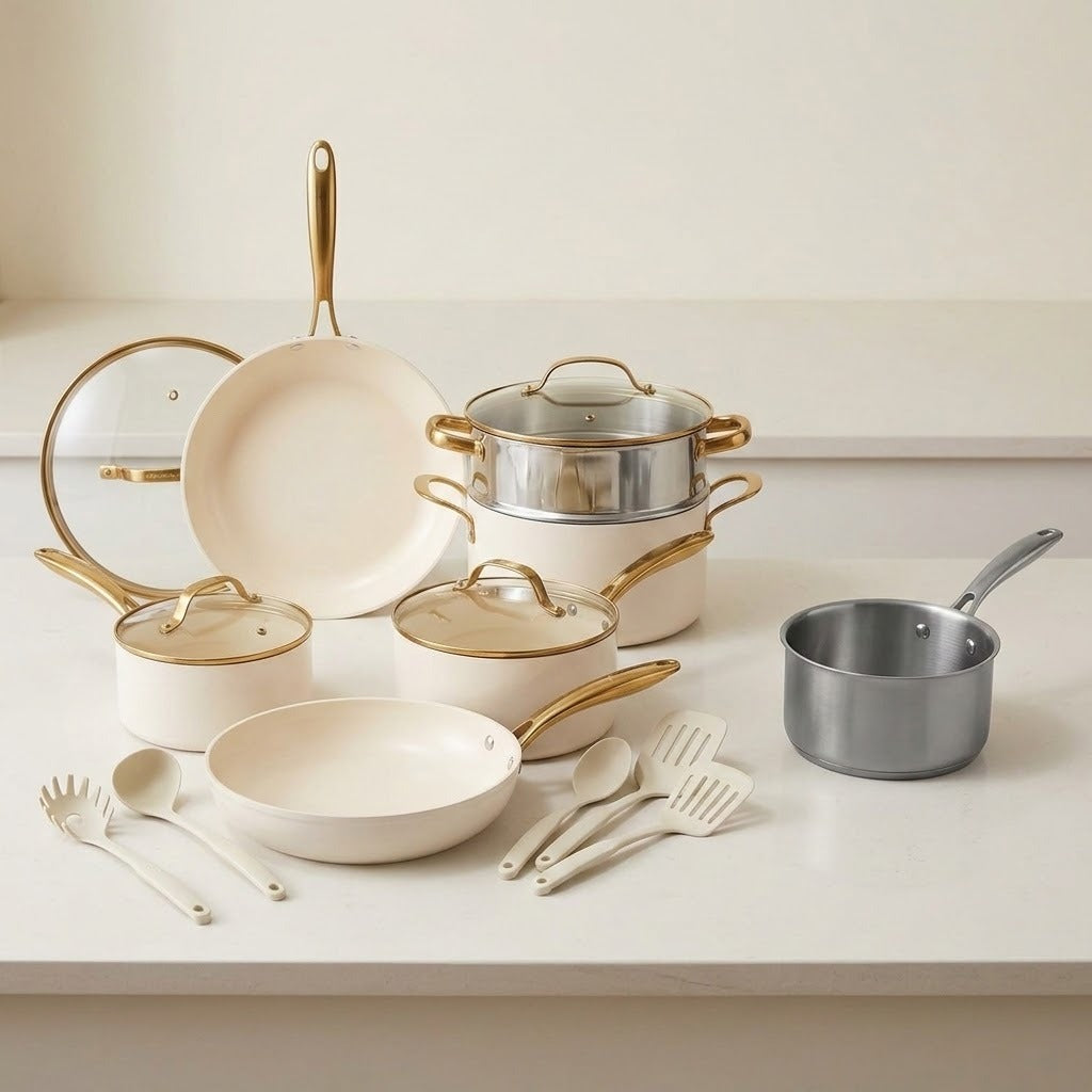 A cookware set arranged on a light countertop against a warm off-white background. The set includes cream-colored pans and pots with gold-tone handles and trim, a stainless steel pot with a gold-tone handle, a glass lid with a gold handle, and matching utensils such as spoons, spatulas, and a whisk.