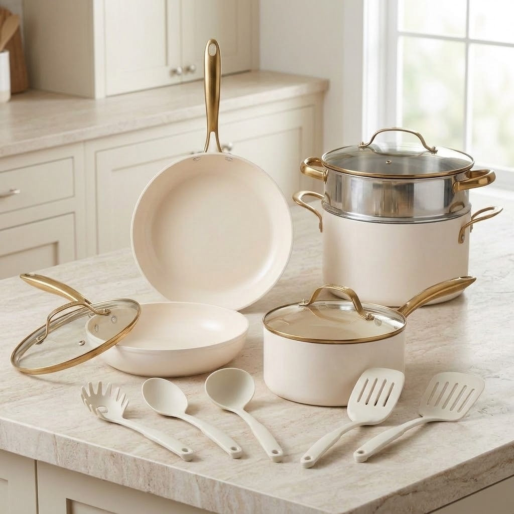 An 11-piece cream-colored cookware set with gold-tone handles and lids, arranged on a light marble kitchen countertop with matching utensils.
