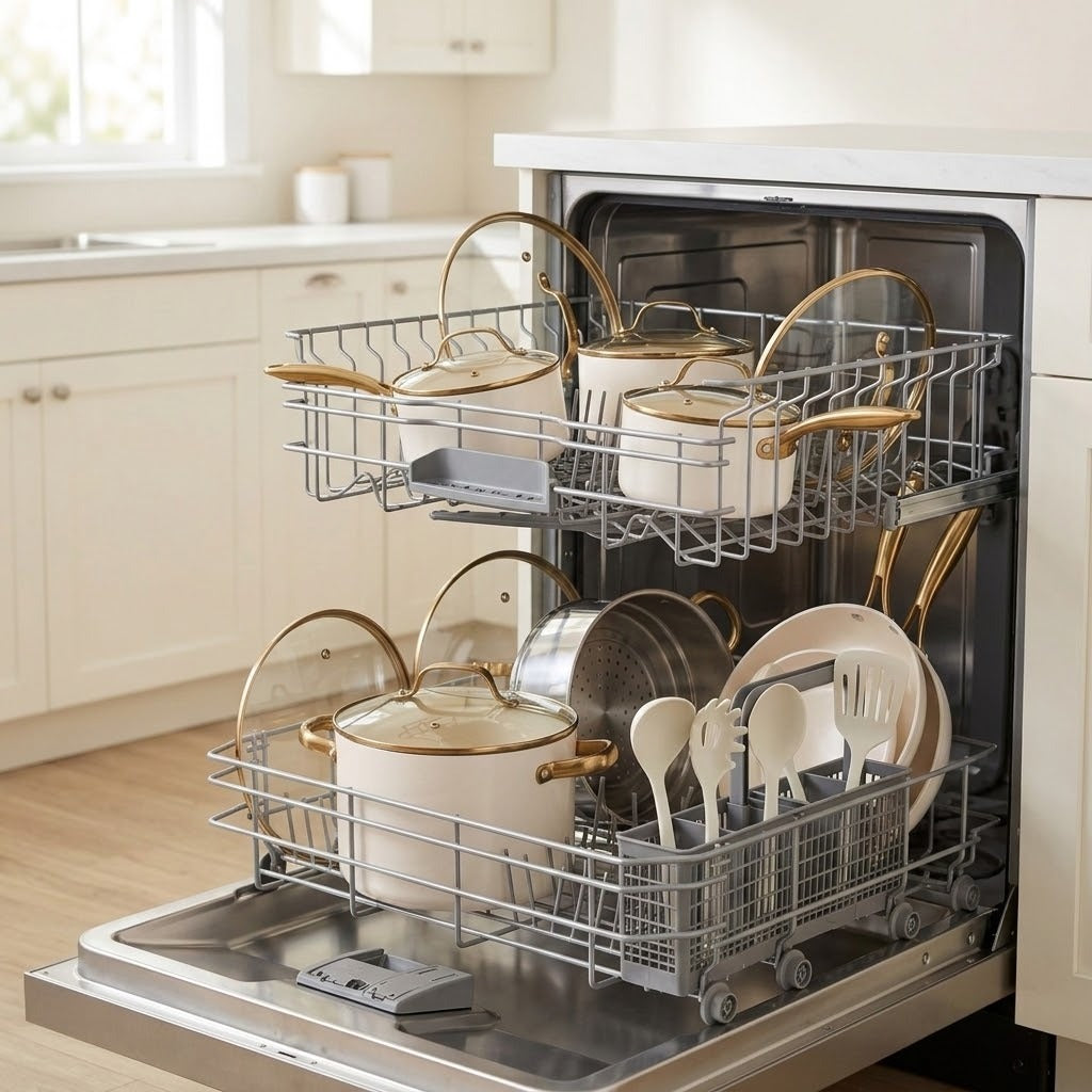 A stainless steel dishwasher with both racks pulled open, loaded with white ceramic cookware, glass lids, and utensils, set in a bright modern kitchen.