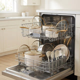 A stainless steel dishwasher with both racks pulled open, loaded with white ceramic cookware, glass lids, and utensils, set in a bright modern kitchen.