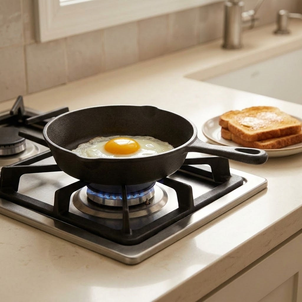A black cast iron skillet with a frying egg on a lit gas stovetop in a kitchen, with toast on a plate nearby.