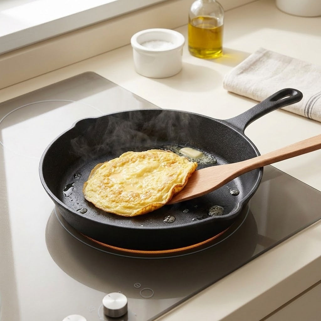 A black cast iron skillet with a wooden spatula on a glass-ceramic stovetop, cooking a golden omelet in a bright kitchen setting.