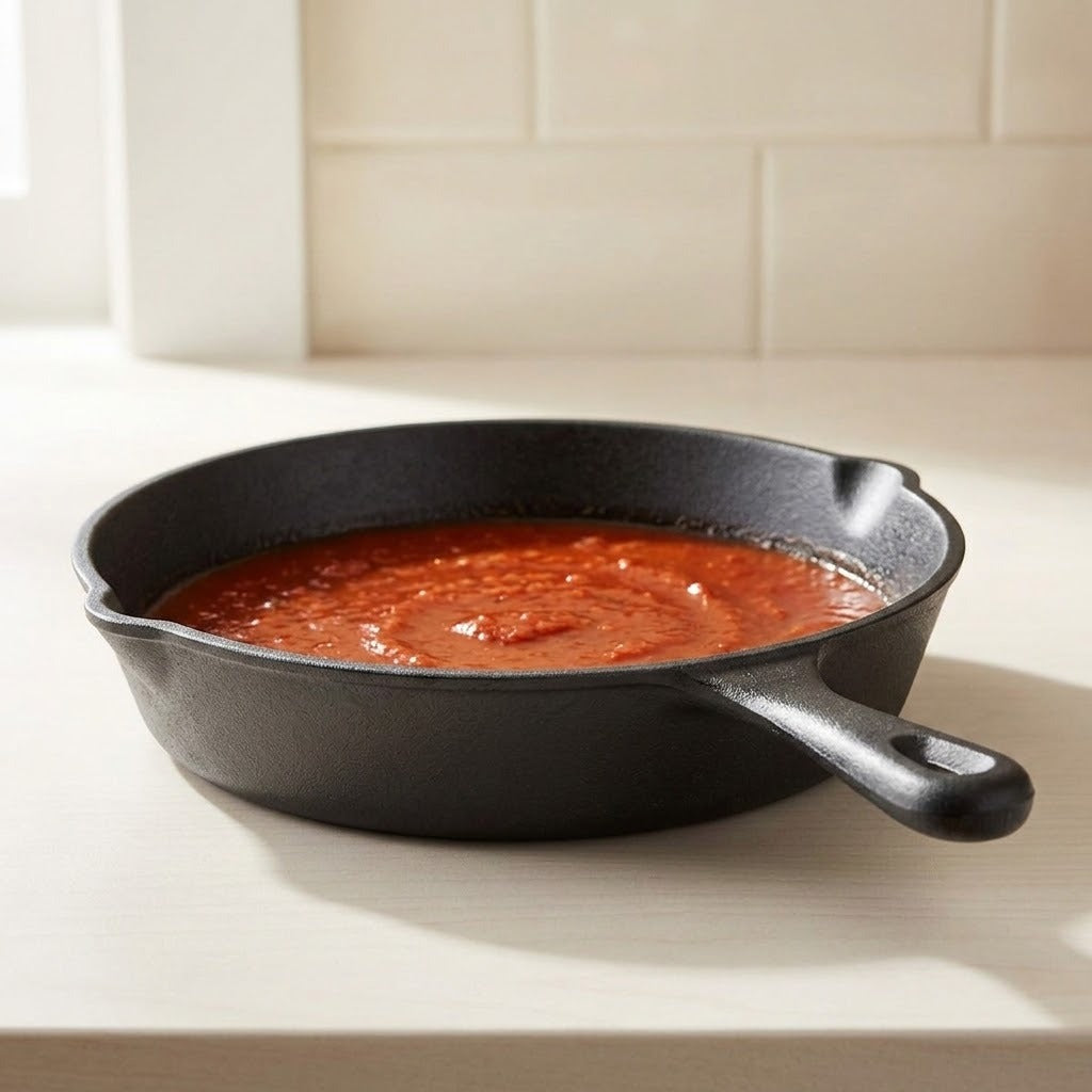A black cast iron skillet filled with red tomato sauce, set on a light beige countertop with a tiled backsplash in the background.