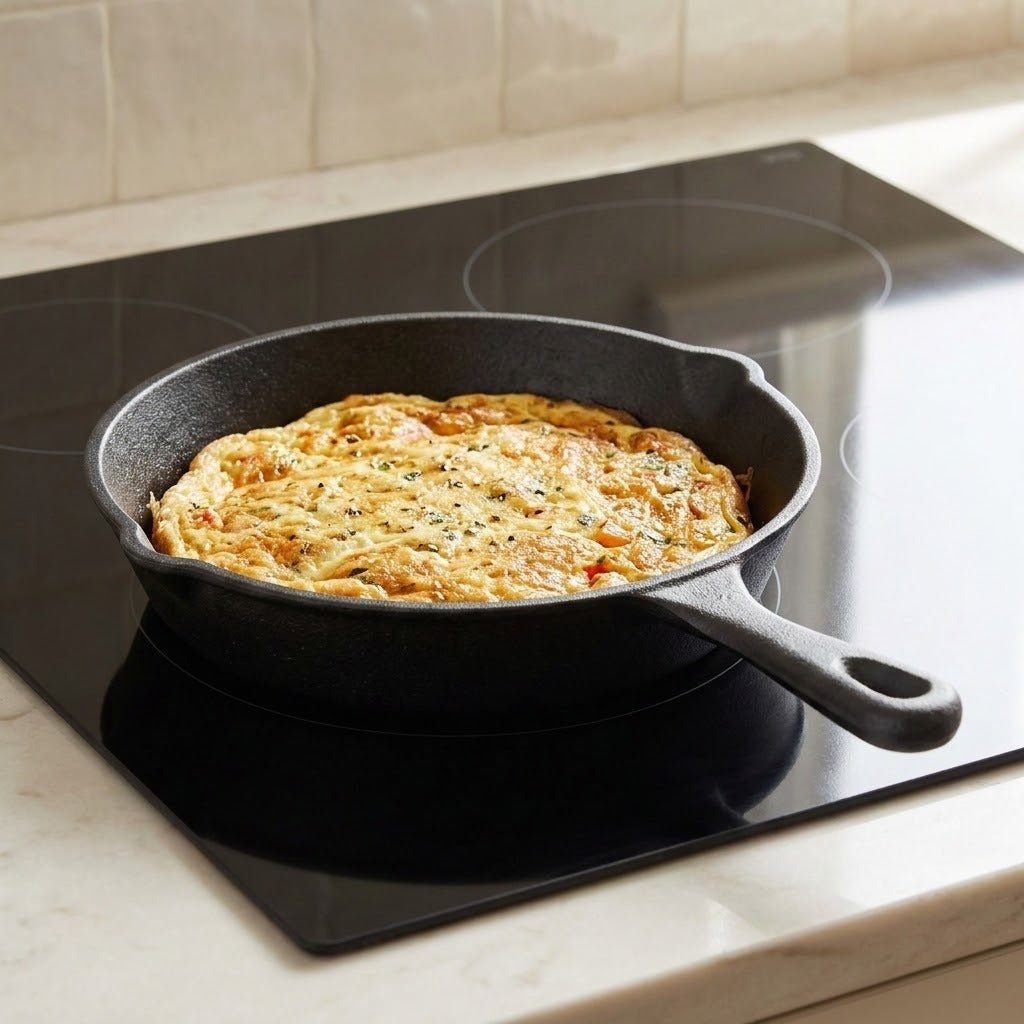 A black cast iron skillet with a handle, containing a cooked frittata or omelet, sitting on a black glass-ceramic stovetop in a kitchen setting.