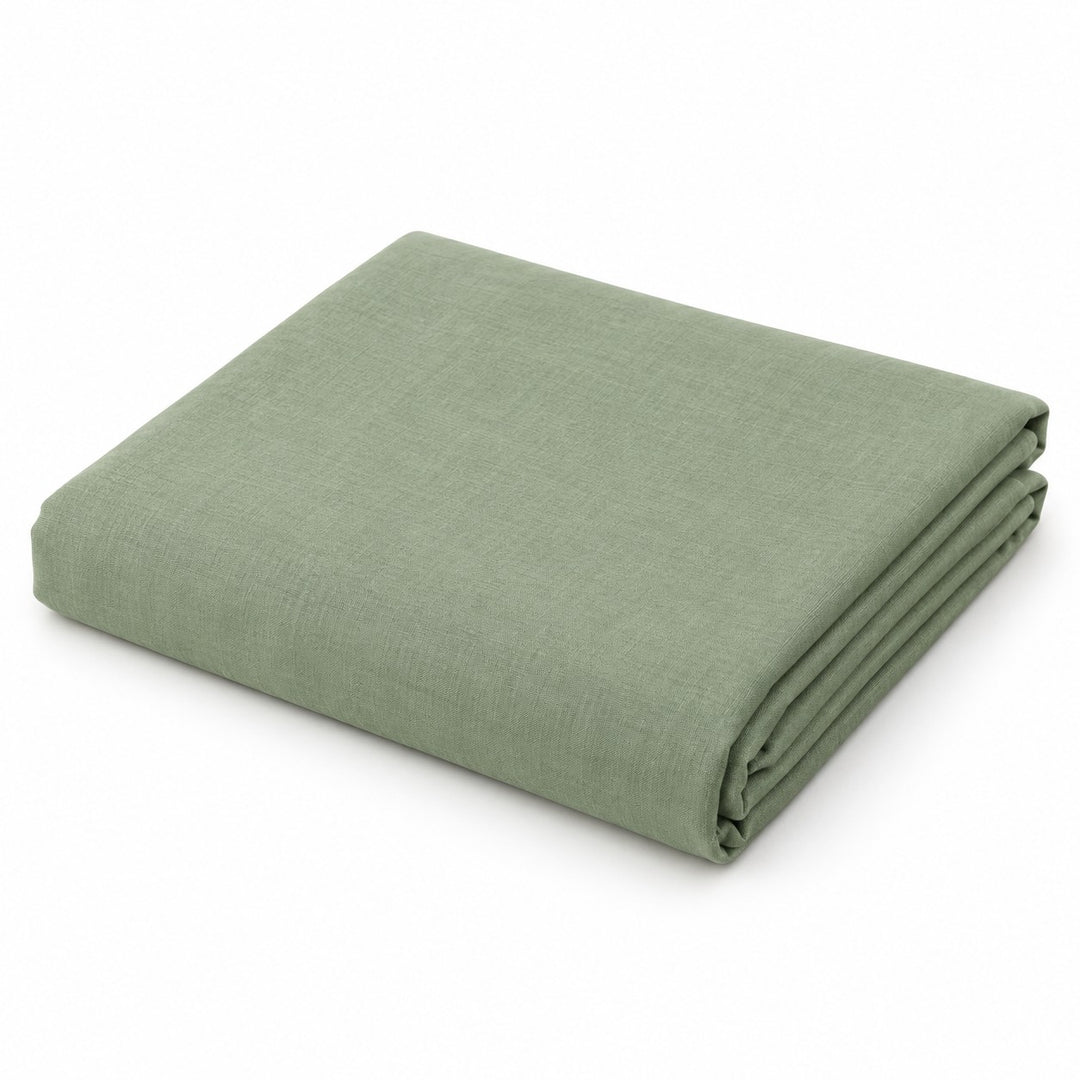 One folded sage green polyester tablecloth shown alone on a white studio background.