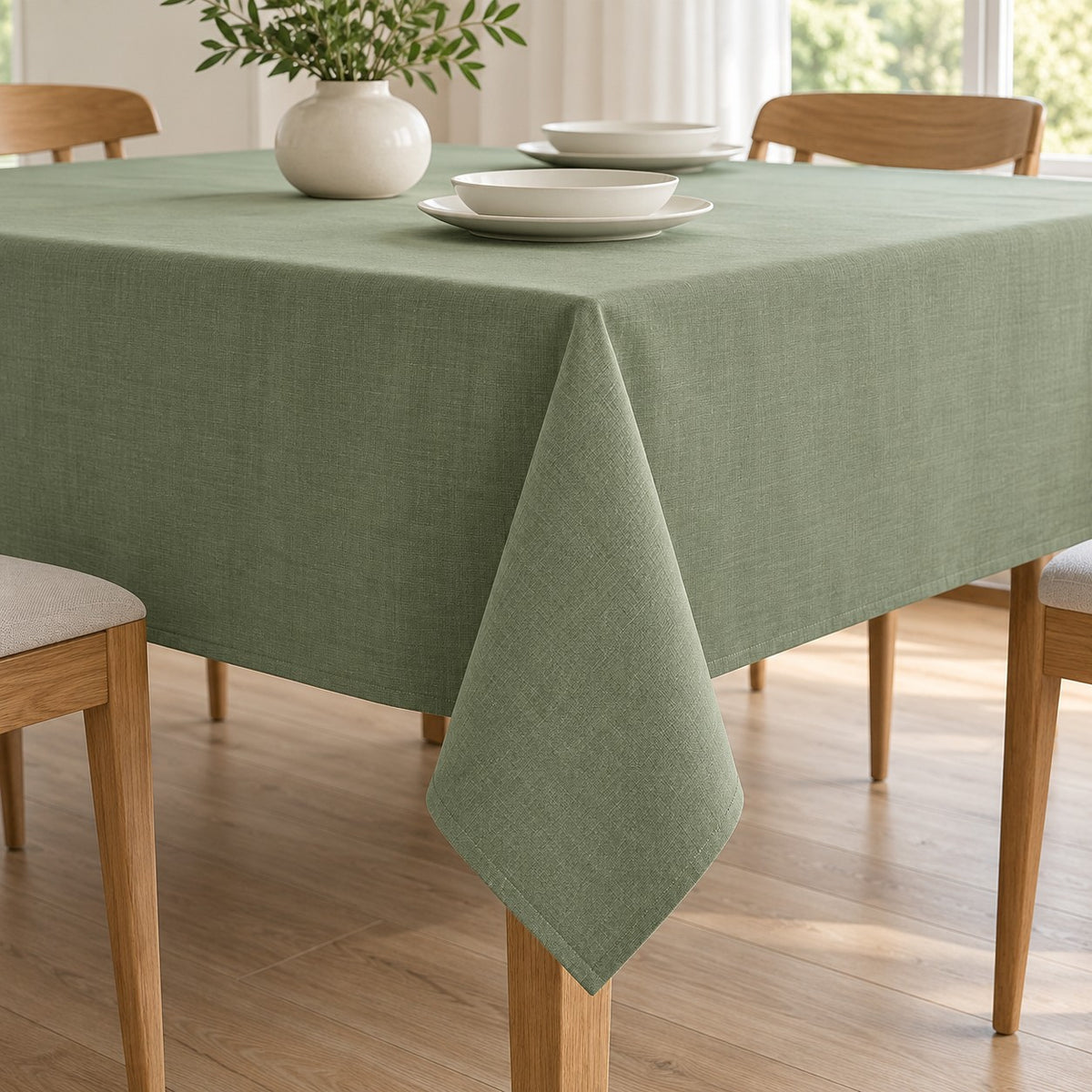Sage green polyester tablecloth drapes smoothly over a dining table with a fine woven finish.