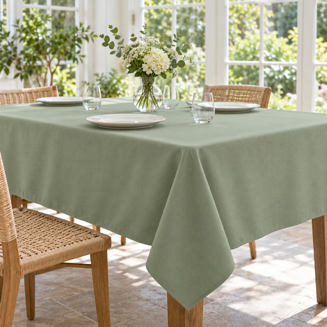 Sage green polyester tablecloth sets a coordinated table for a small celebration in a sunroom.