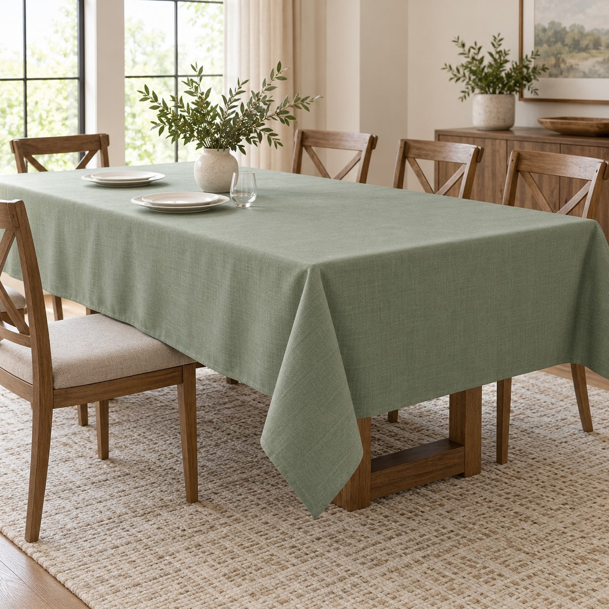 Sage green polyester tablecloth covers a dining table with visible side and end overhang.