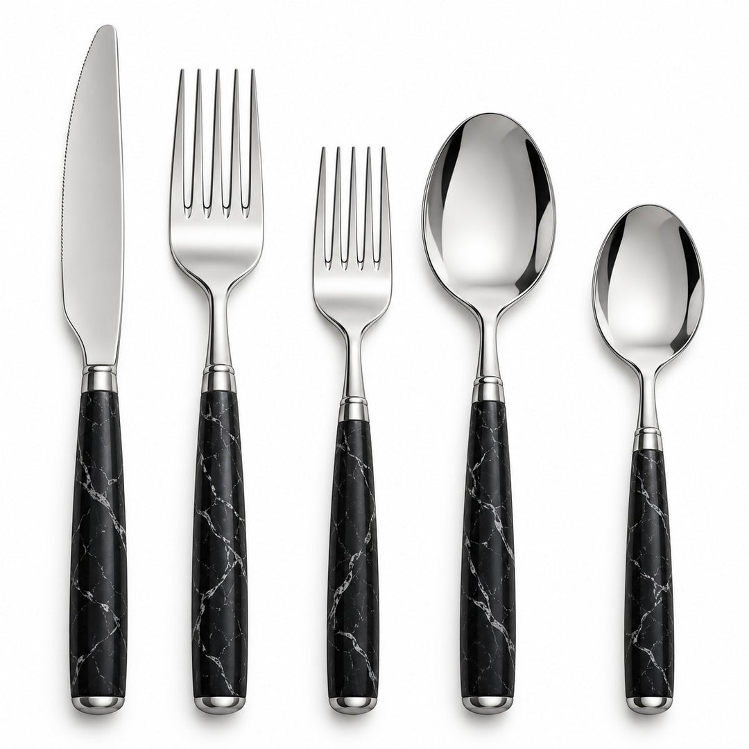 Five-piece black and silver flatware set showing one knife, two forks and two spoons on white.