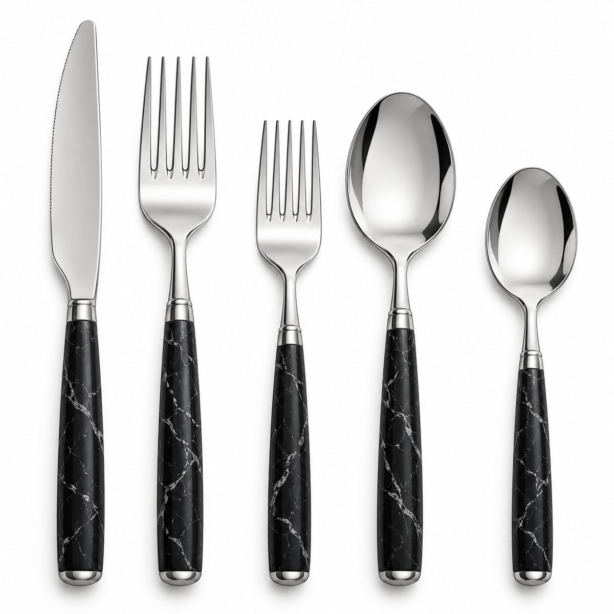 Five-piece black and silver flatware set showing one knife, two forks and two spoons on white.