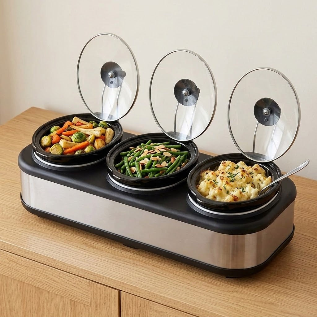 A three-compartment electric slow cooker with glass lids, shown on a wooden table with food dishes inside.