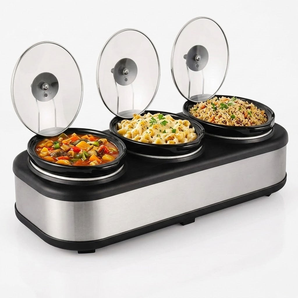 A 3-compartment electric hot food warmer with a stainless steel and black base, shown with three glass lids open and filled with different prepared foods on a white background.